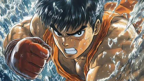 Dynamic anime boxer in kinetic water-splash action frame.