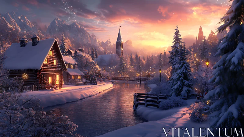Cozy winter village glowing beside a starlit frozen river.