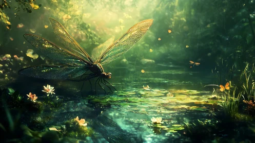 Gentle dragonfly resting over a glowing forest pond.