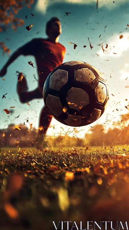 Dynamic low-angle soccer strike with autumn motion blur.