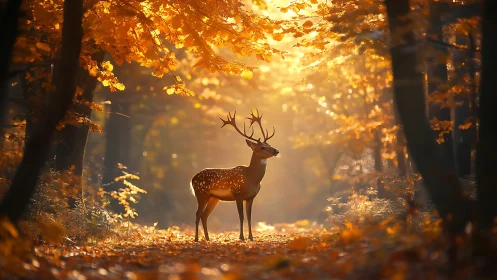 Golden morning light embraces a calm deer in autumn woods