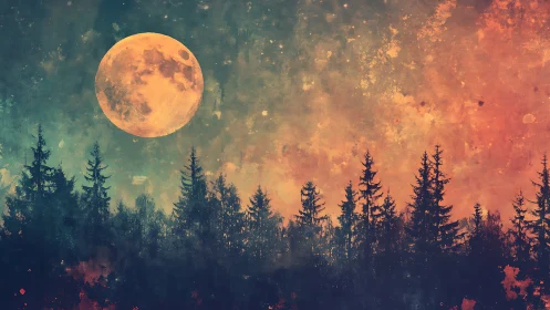 Full moon over silhouetted conifer forest in textured sky.