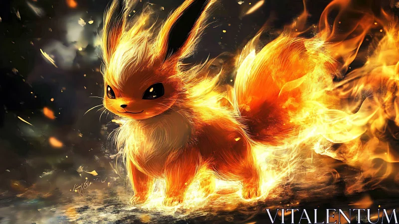 Fiery quadruped creature stands in dynamic flame environment