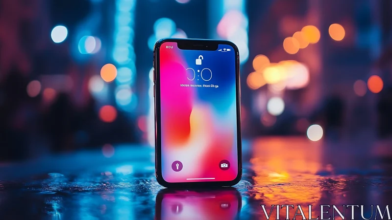 Modern smartphone amid vibrant neon bokeh glow.