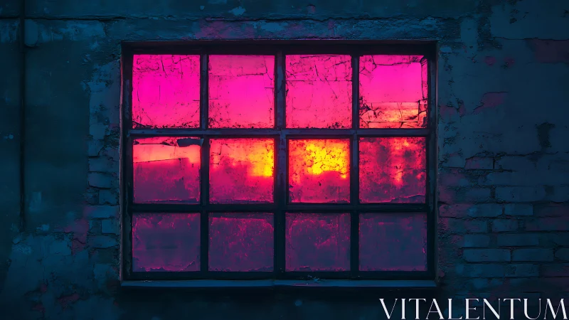 Sunset glow burns through cracked industrial window panes.