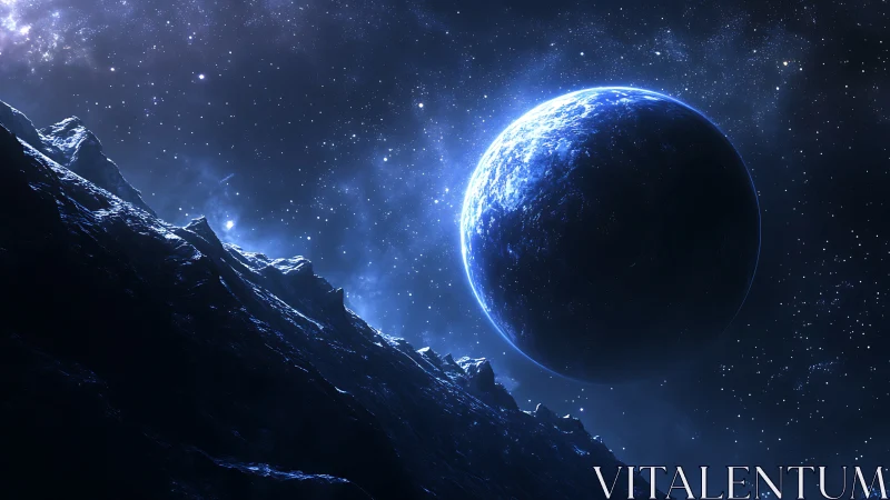 Blue exoplanet rises above icy ridgeline in deep space