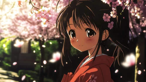 Cherry blossoms frame a shy anime girl in warm evening light.