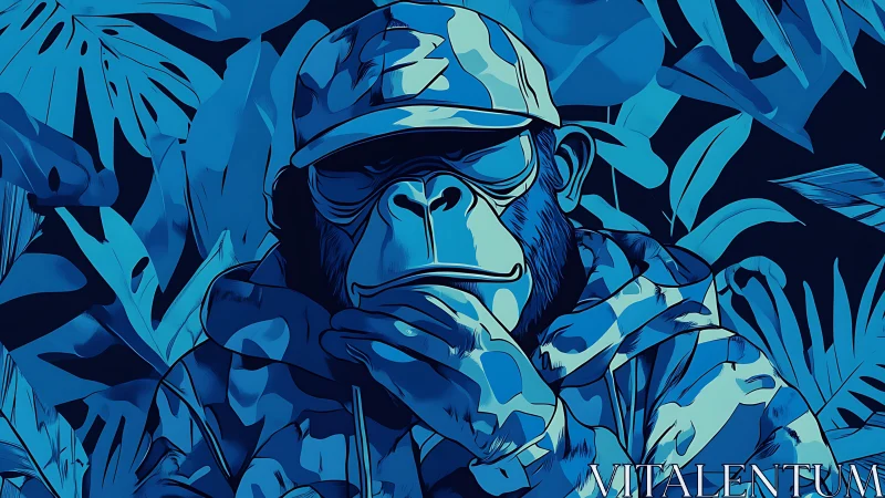 Blue camouflaged ape in jungle foliage illustration.