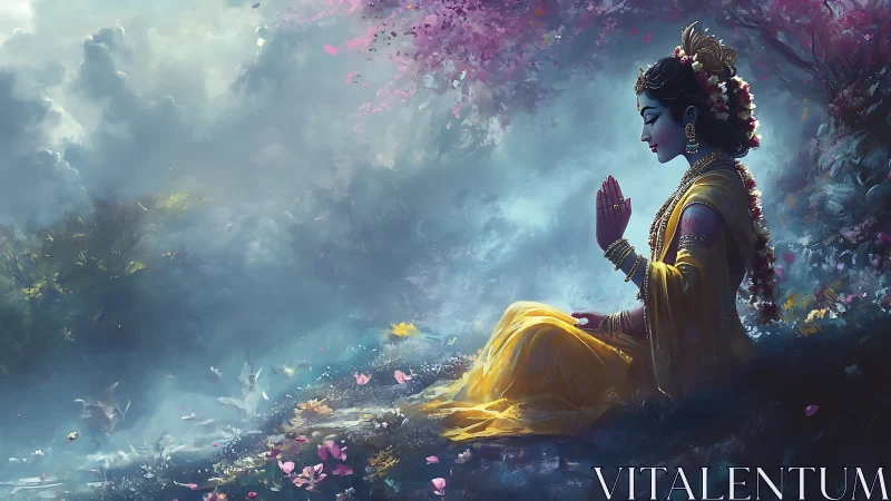 Meditating goddess in saturated misty grove with diffuse rim lighting