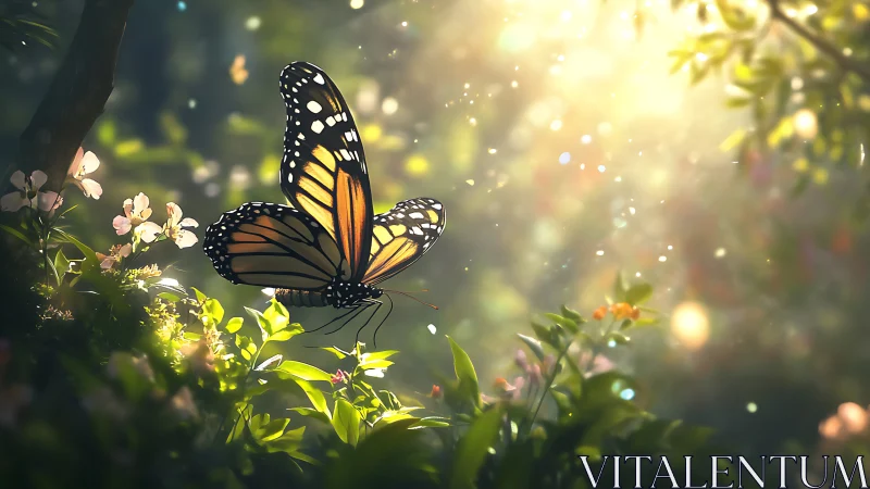 Monarch butterfly rests on sunlit forest wildflowers