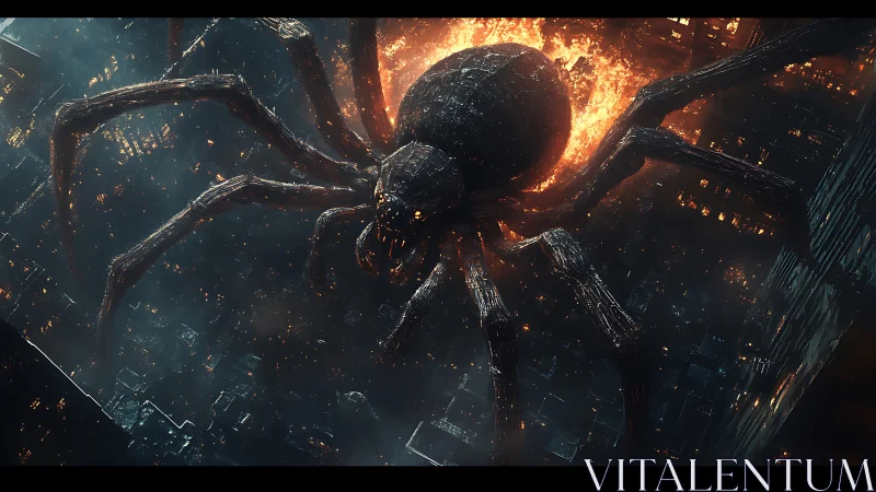 Colossal infernal spider assaulting cyberpunk megacity skyline.
