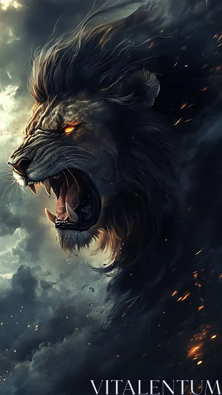 Volumetric storm lion with incandescent ocular flare roaring.