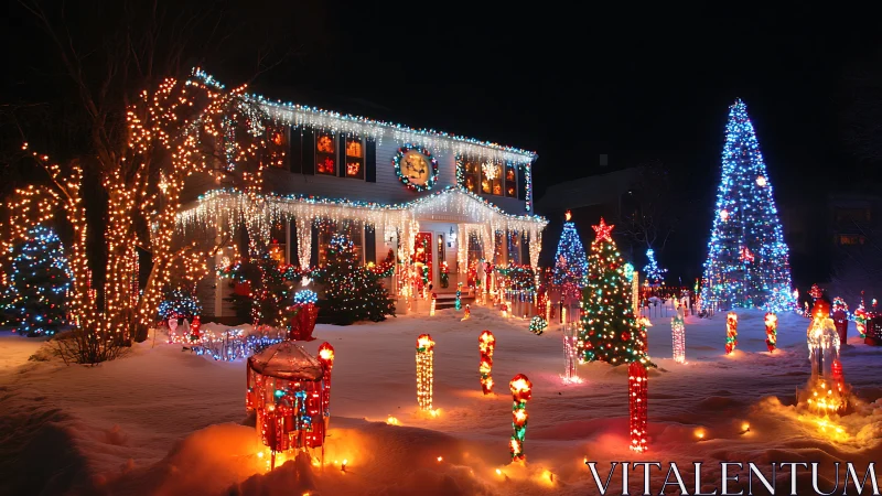 Snowy suburban house drenched in storybook Christmas lights.