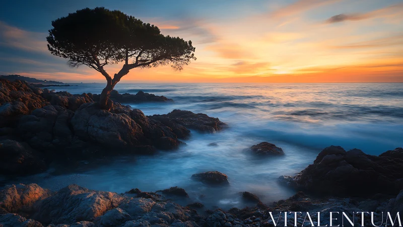Solitary seaside tree greeting a peaceful golden sunset.