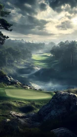 Morning mist drifting over a tranquil valley golf course.