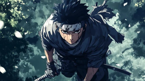 Battle-worn ninja locks gaze amid swirling forest petals.