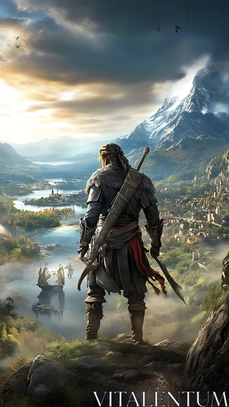 Armored figure overlooking river valley and distant town.