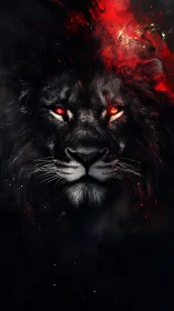 Infernal lion portrait with luminant red eyes and dark nebula
