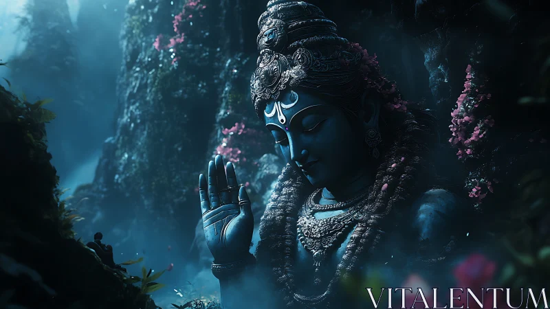 Colossal blue deity statue in misted forest shrine glows softly