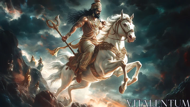 Storm-riding warrior king astride a luminous celestial steed.