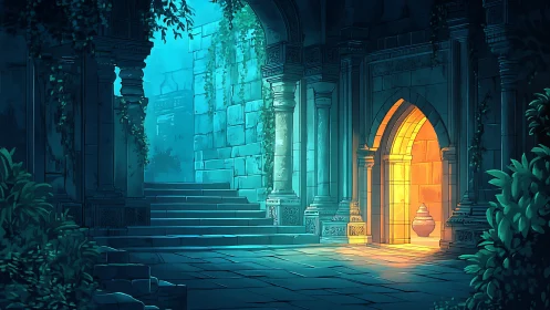 Contrasting cyan and amber lighting define overgrown stone arcade