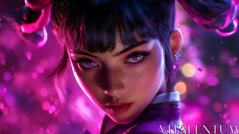 Female character stares forward amid neon pink bokeh glow
