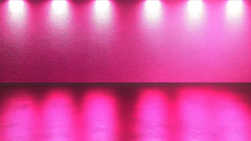 Neon pink gallery wall glows with spotlight reflections.
