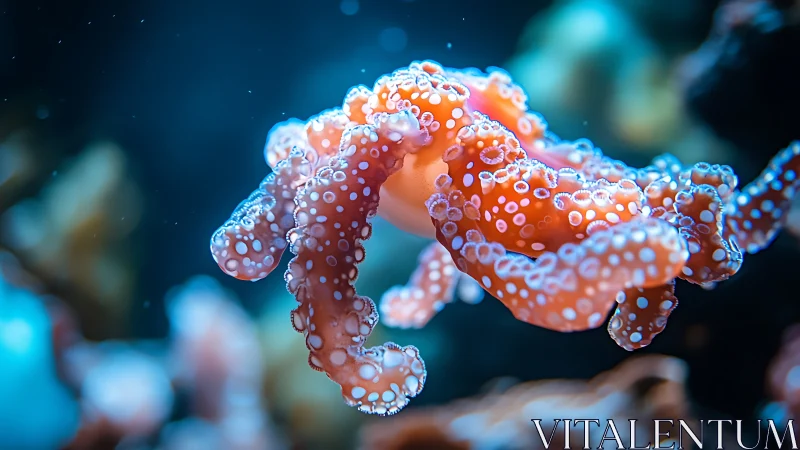 Orange jellyfish drifts through blue bokeh ocean light