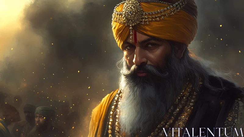 Regal warrior in golden turban amid embers and smoke.