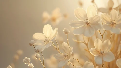 Delicate cream cosmos flowers illuminated by diffused backlighting