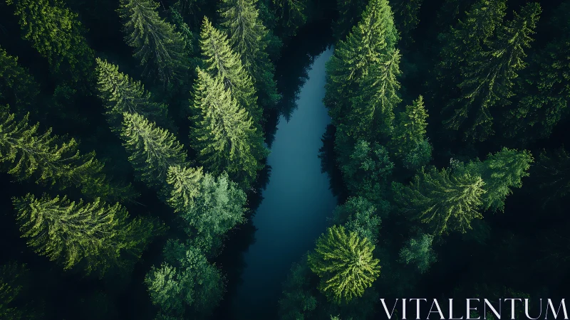 Coniferous Forest Waterway Aerial View.