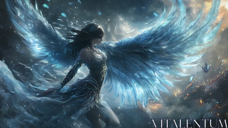 Celestial warrior angel with radiant frost-blue wings.