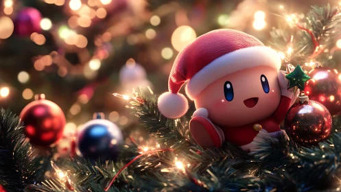 Polygonal holiday mascot in bokeh‑lit Christmas tree environment