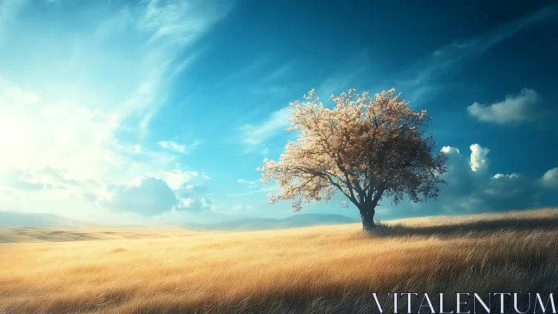 Lone Blossom Tree in Golden Meadow, Realistic Landscape Art.