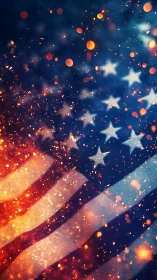 US flag fabric closeup with dynamic bokeh sparks overlayed