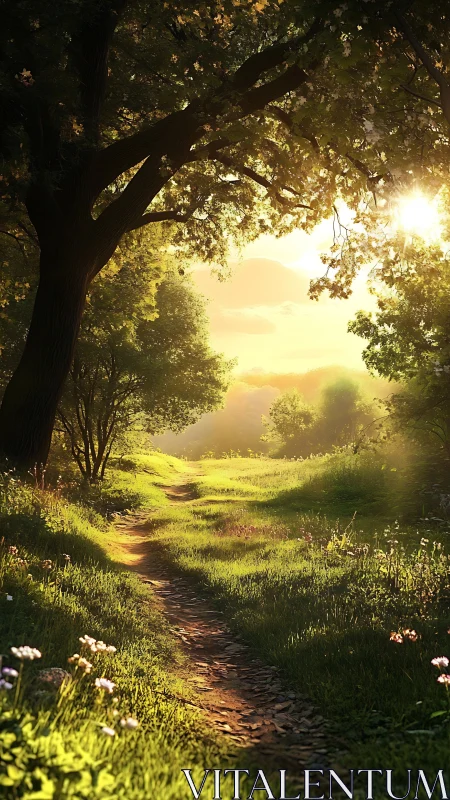 Backlighting Through Mature Tree Canopy With Warm Golden Hour Solar Glare