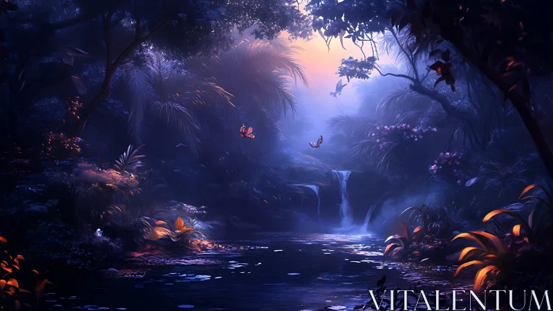 Mystical jungle waterfall under twilight forest light.