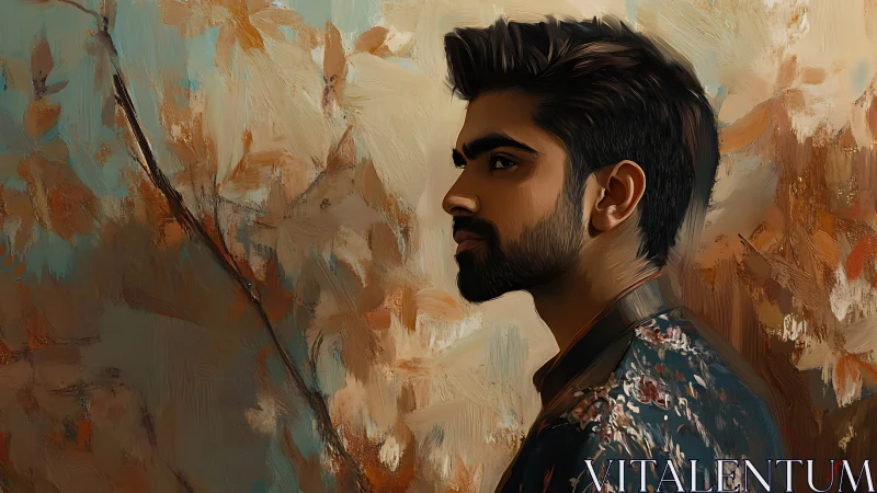 Side-profile portrait in warm botanical oil textures.