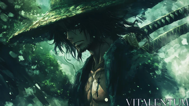 Storm-soaked ronin stalks the emerald hush of the forest