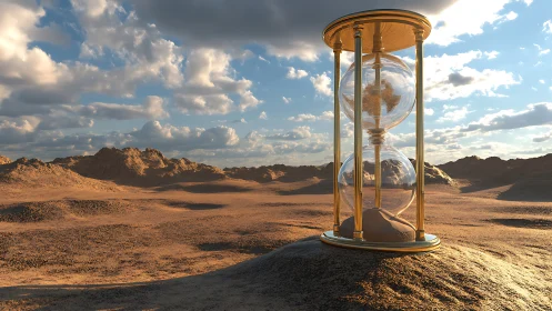 Monumental glass hourglass stands over arid desert plain at dusk