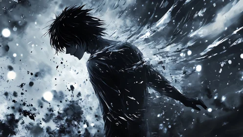 Solitary figure dissolves into swirling monochrome energy