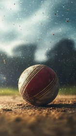 Dust-kissed cricket ball pauses mid-bounce in glowing twilight