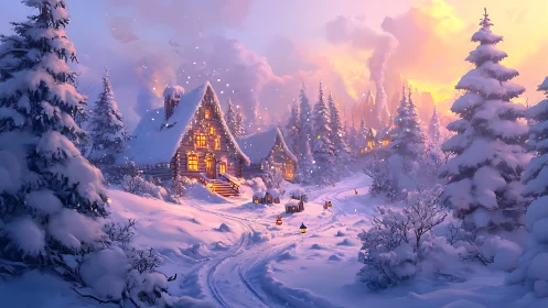 Cozy alpine cabin glows warmly in a tranquil winter snowfall