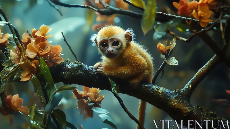 Neon-hued juvenile primate on dew-lacquered forest branch.
