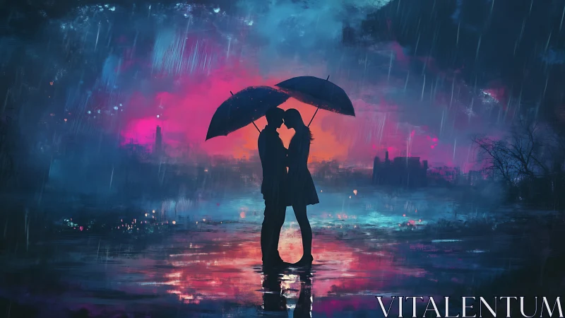 Neon Rain Kiss: Silhouette Romance Under Umbrellas.