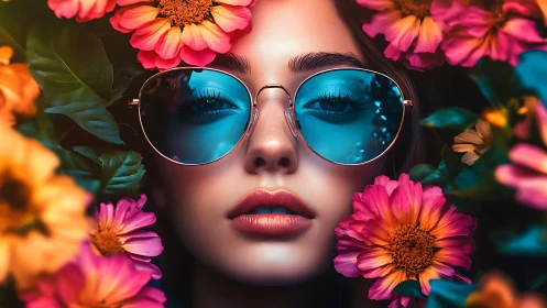 Woman wearing blue sunglasses framed by vivid summer flowers
