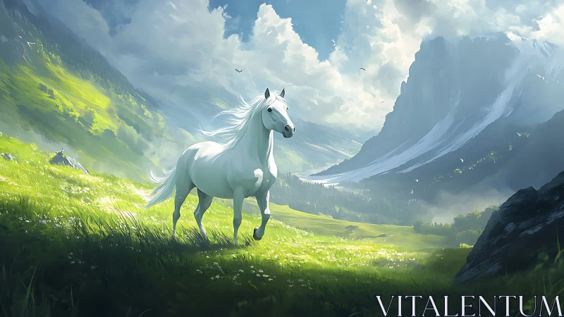 Silver-maned stallion racing through highland daydream meadows.