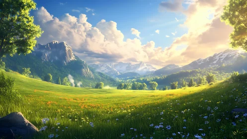 Digital landscape depicts open meadow with distant mountains