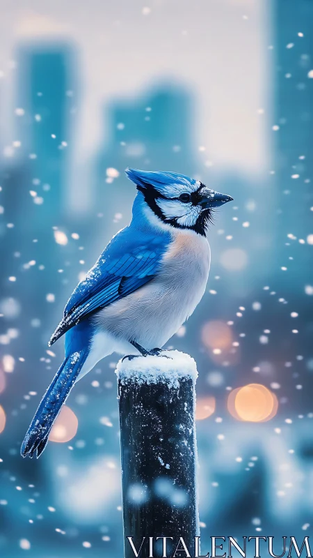 Blue Jay Perched in Falling Snow with Winter Cityscape.