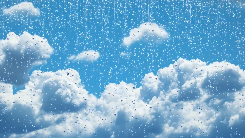 Raindrops descend in front of cumulus clouds against blue sky
